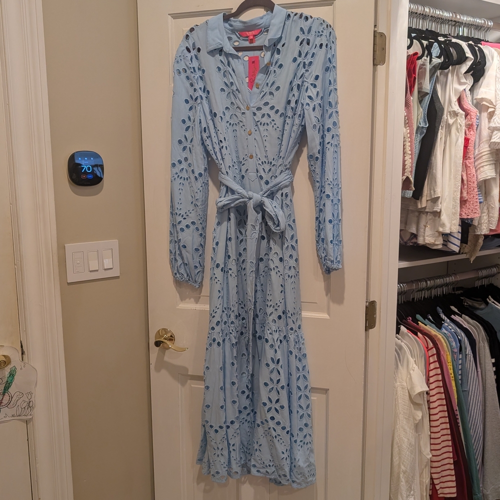 Lilly Pulitzer Zia Eyelet Midi Shirtdress Hydra Blue Soiree Eyelet Size 12 NWT